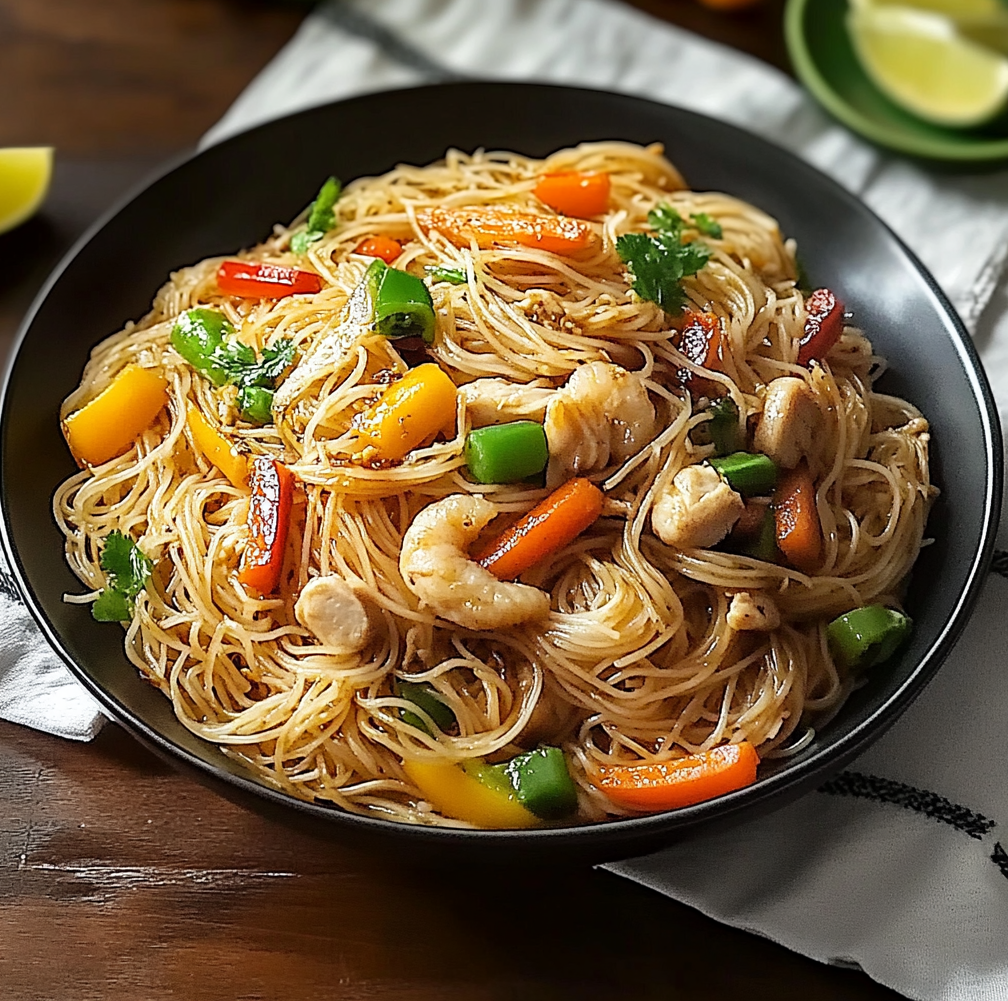 Savory Filipino Pancit Noodles with Vegetables and Chicken