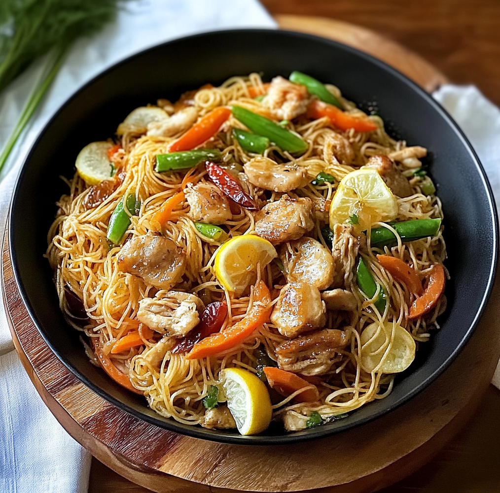 Savory Filipino Pancit Noodles with Vegetables and Chicken