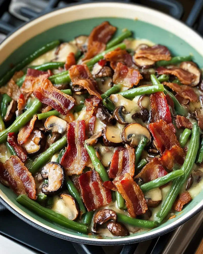 Green Bean Mushroom Casserole with Candied Bacon