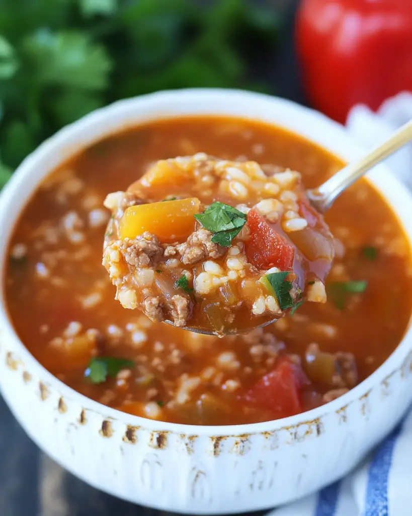 Savory Stuffed Pepper Soup with Ground Beef and Rice