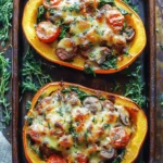 Italian Sausage Stuffed Spaghetti Squash with Spinach, Tomatoes, and Mushrooms