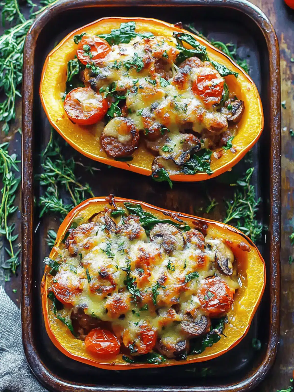 Italian Sausage Stuffed Spaghetti Squash with Spinach, Tomatoes, and Mushrooms