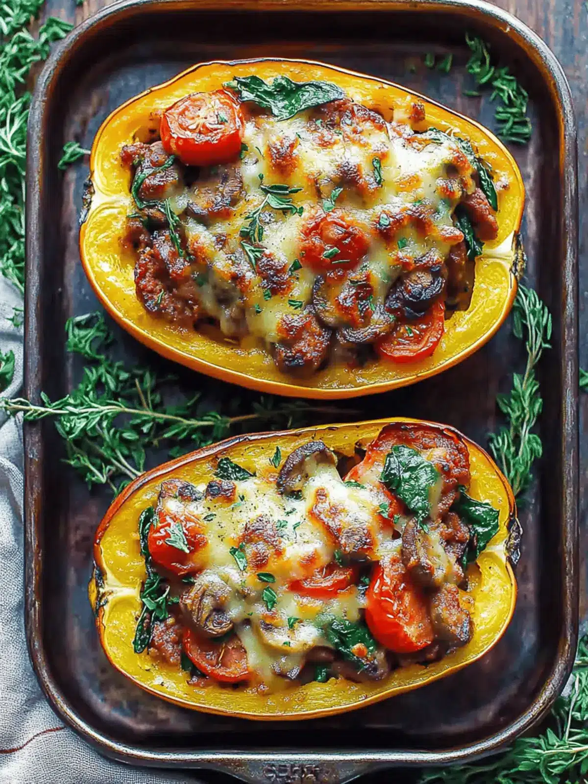 Italian Sausage Stuffed Spaghetti Squash with Spinach, Tomatoes, and Mushrooms