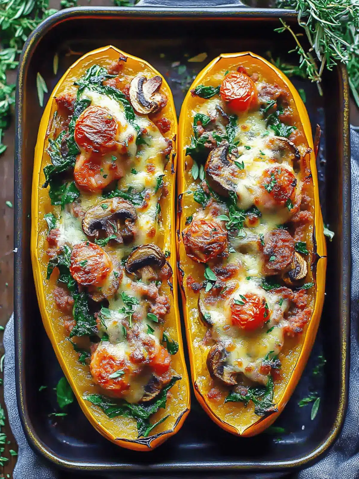 Italian Sausage Stuffed Spaghetti Squash with Spinach, Tomatoes, and Mushrooms