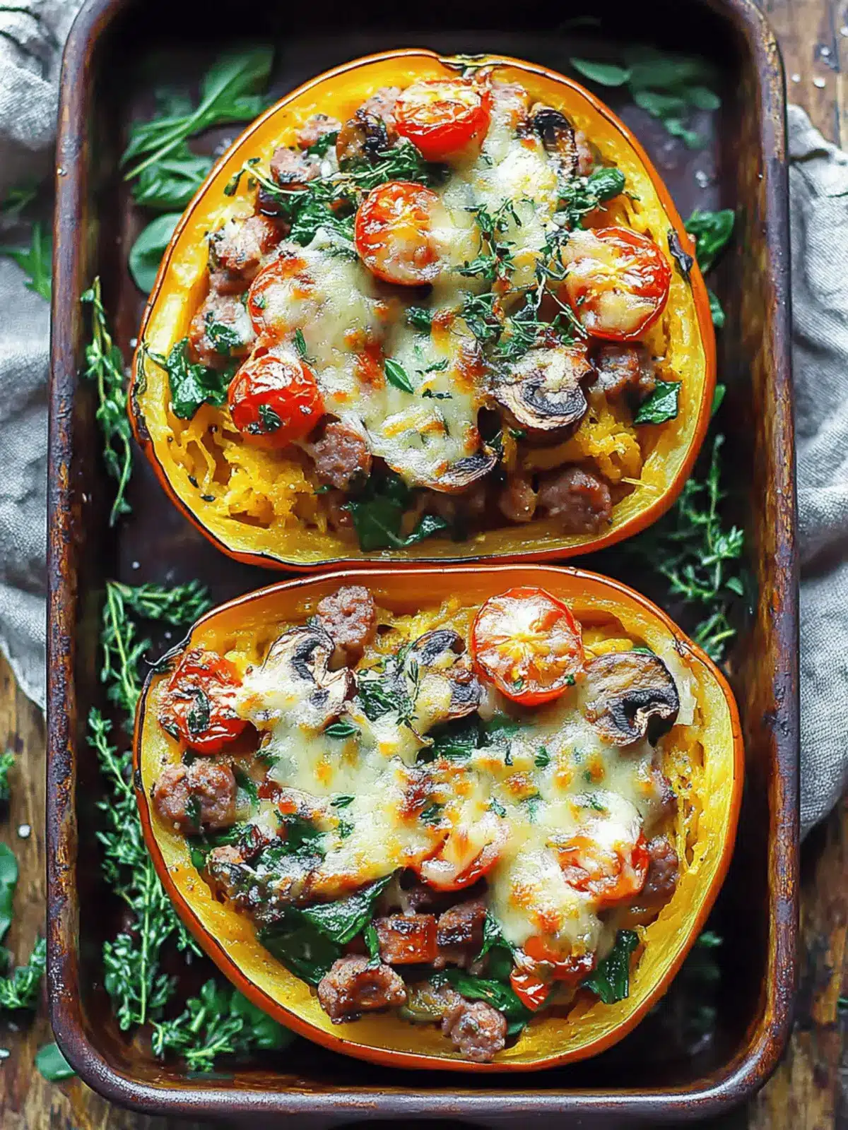Italian Sausage Stuffed Spaghetti Squash with Spinach, Tomatoes, and Mushrooms