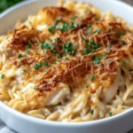 French Onion Chicken Orzo Casserole