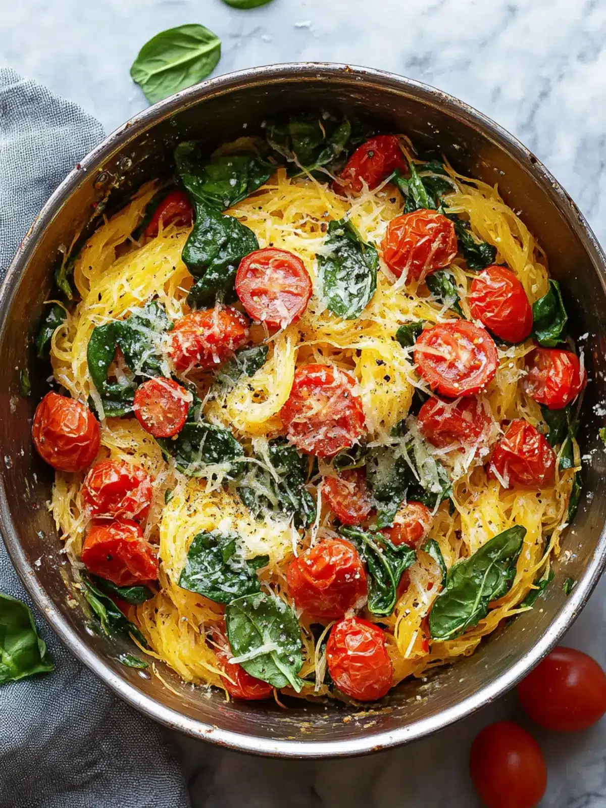 Delicious Roasted Spaghetti Squash with Tomatoes and Spinach 3 Roasted Spaghetti Squash with Tomatoes and Spinach