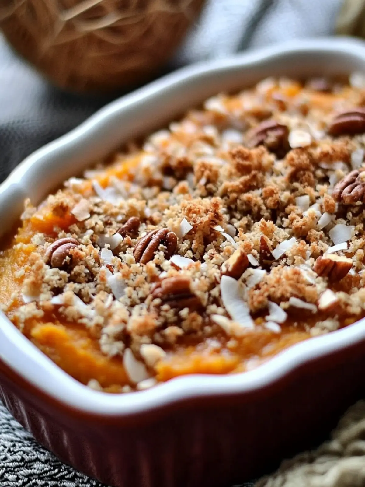 Sweet Potato Casserole with Coconut and Pecan Crumble Bliss 2 Sweet Potato Casserole with Coconut and Pecan Crumble