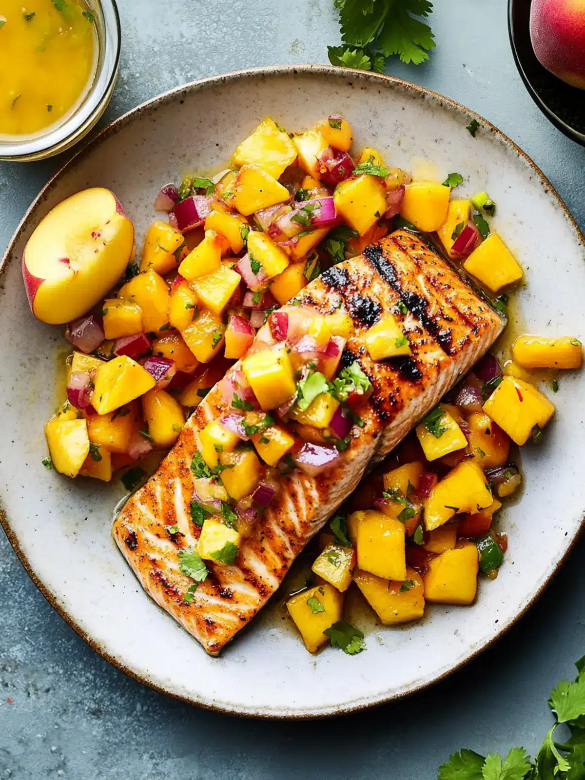 Grilled Salmon with Mango Peach Salsa for a Summer Feast 2 Grilled Salmon with Mango Peach Salsa
