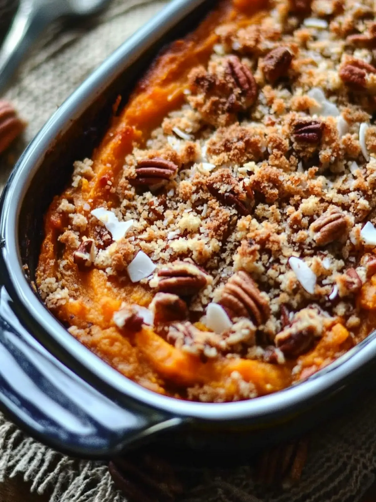 Sweet Potato Casserole with Coconut and Pecan Crumble Bliss 3 Sweet Potato Casserole with Coconut and Pecan Crumble