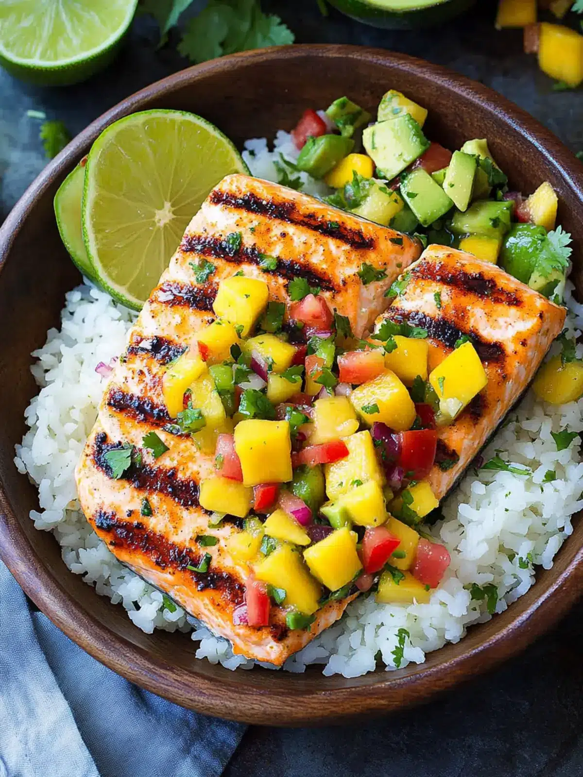 Grilled Lime Salmon with Avocado-Mango Salsa & Coconut Rice Delight 5 Grilled Lime Salmon with Avocado-Mango Salsa and Coconut Rice