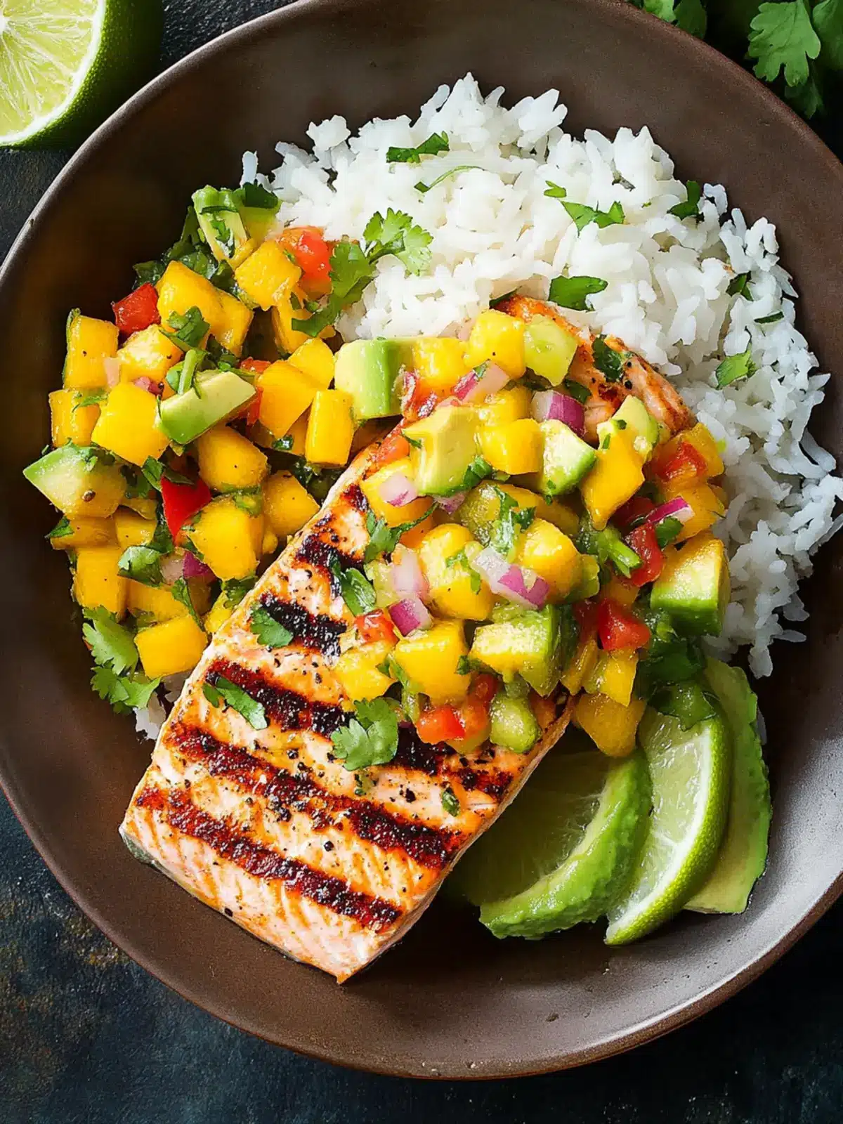 Grilled Lime Salmon with Avocado-Mango Salsa & Coconut Rice Delight 2 Grilled Lime Salmon with Avocado-Mango Salsa and Coconut Rice