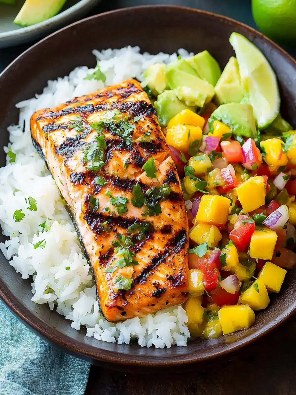 Grilled Lime Salmon with Avocado-Mango Salsa & Coconut Rice Delight 4 Grilled Lime Salmon with Avocado-Mango Salsa and Coconut Rice