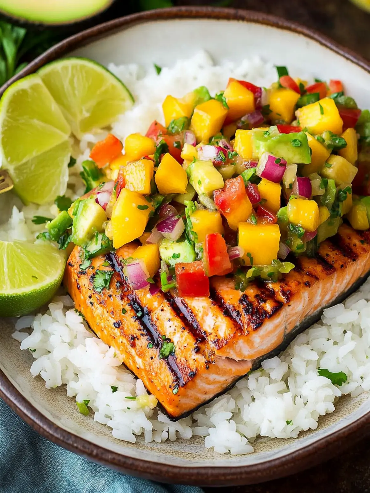 Grilled Lime Salmon with Avocado-Mango Salsa & Coconut Rice Delight 3 Grilled Lime Salmon with Avocado-Mango Salsa and Coconut Rice