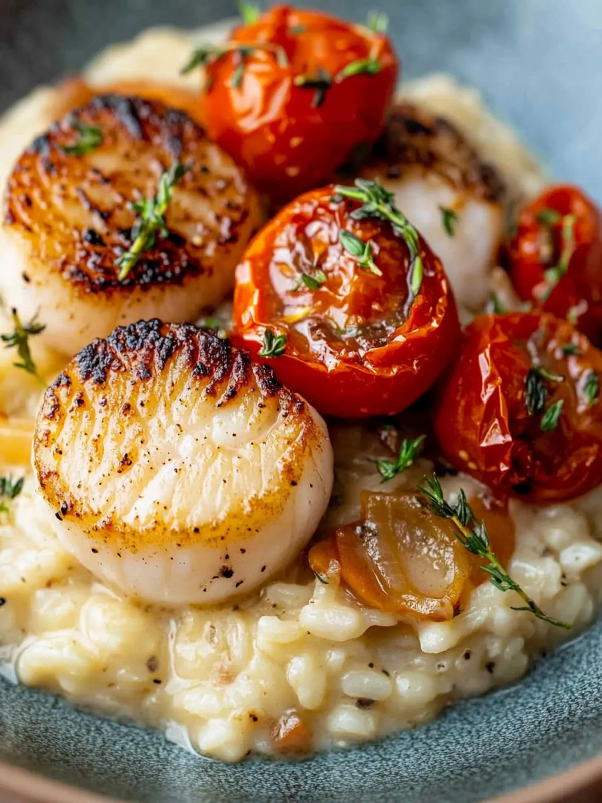 Seared Scallops with Truffle Risotto & Roasted Tomatoes Delight 2 Seared Scallops with Truffle Risotto & Roasted Tomatoes
