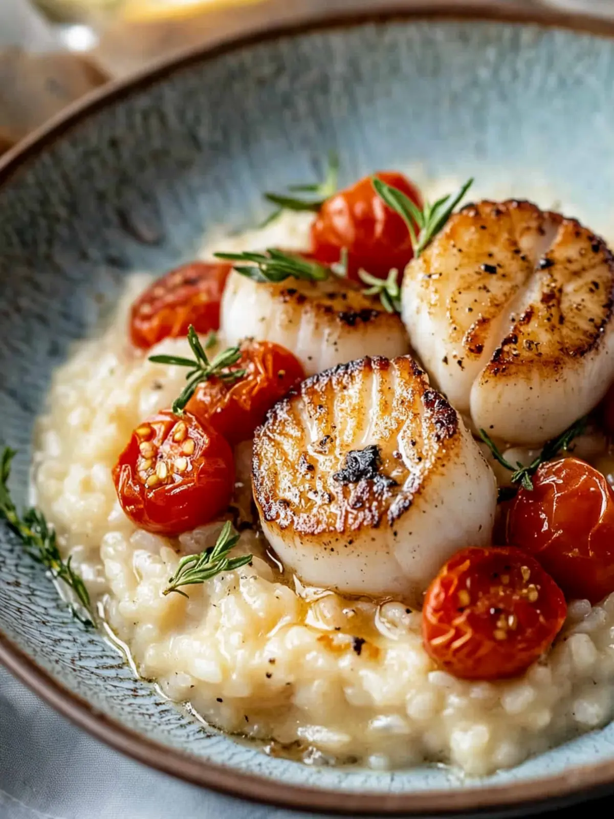 Seared Scallops with Truffle Risotto & Roasted Tomatoes Delight 4 Seared Scallops with Truffle Risotto & Roasted Tomatoes
