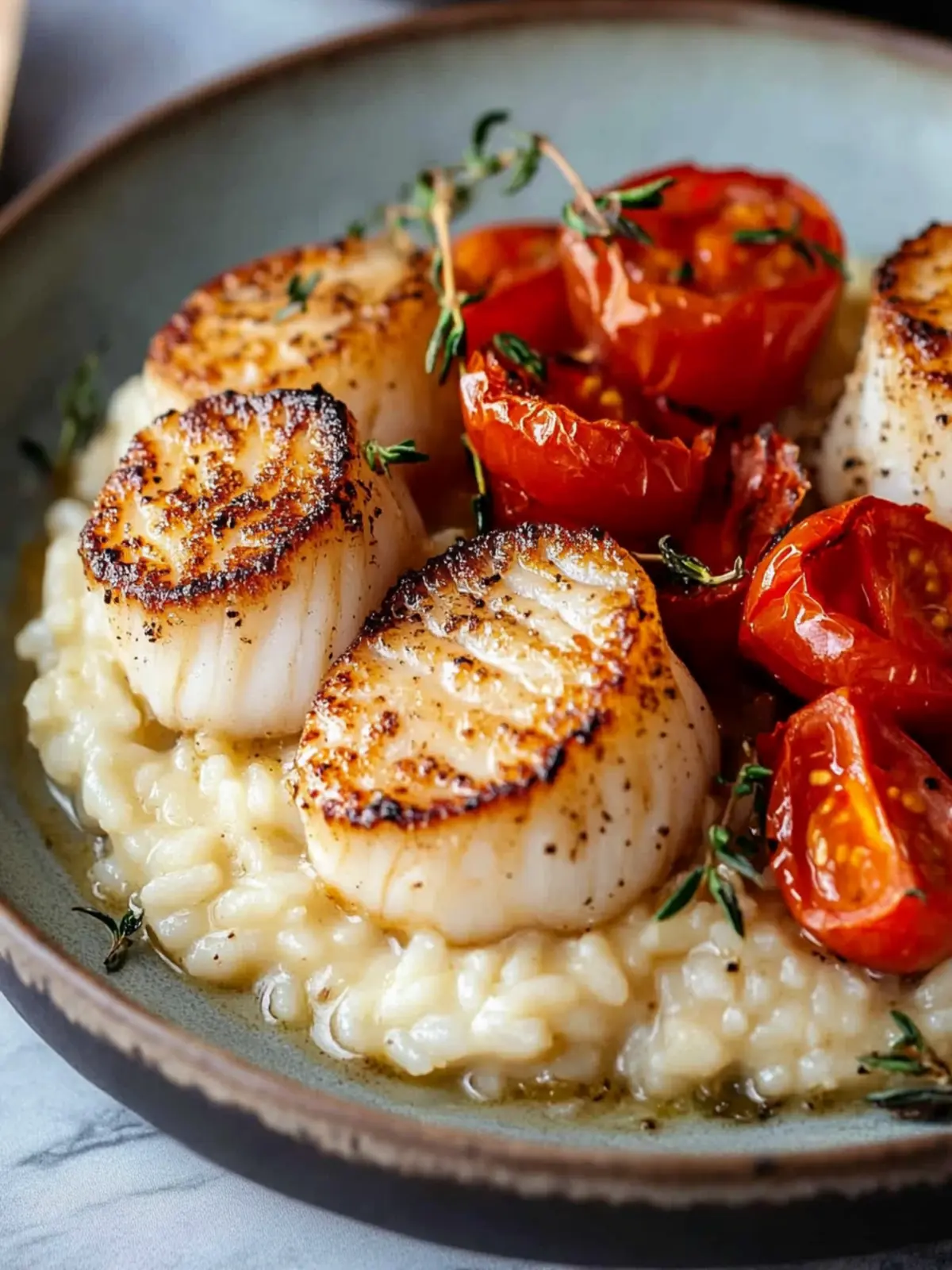 Seared Scallops with Truffle Risotto & Roasted Tomatoes Delight 3 Seared Scallops with Truffle Risotto & Roasted Tomatoes