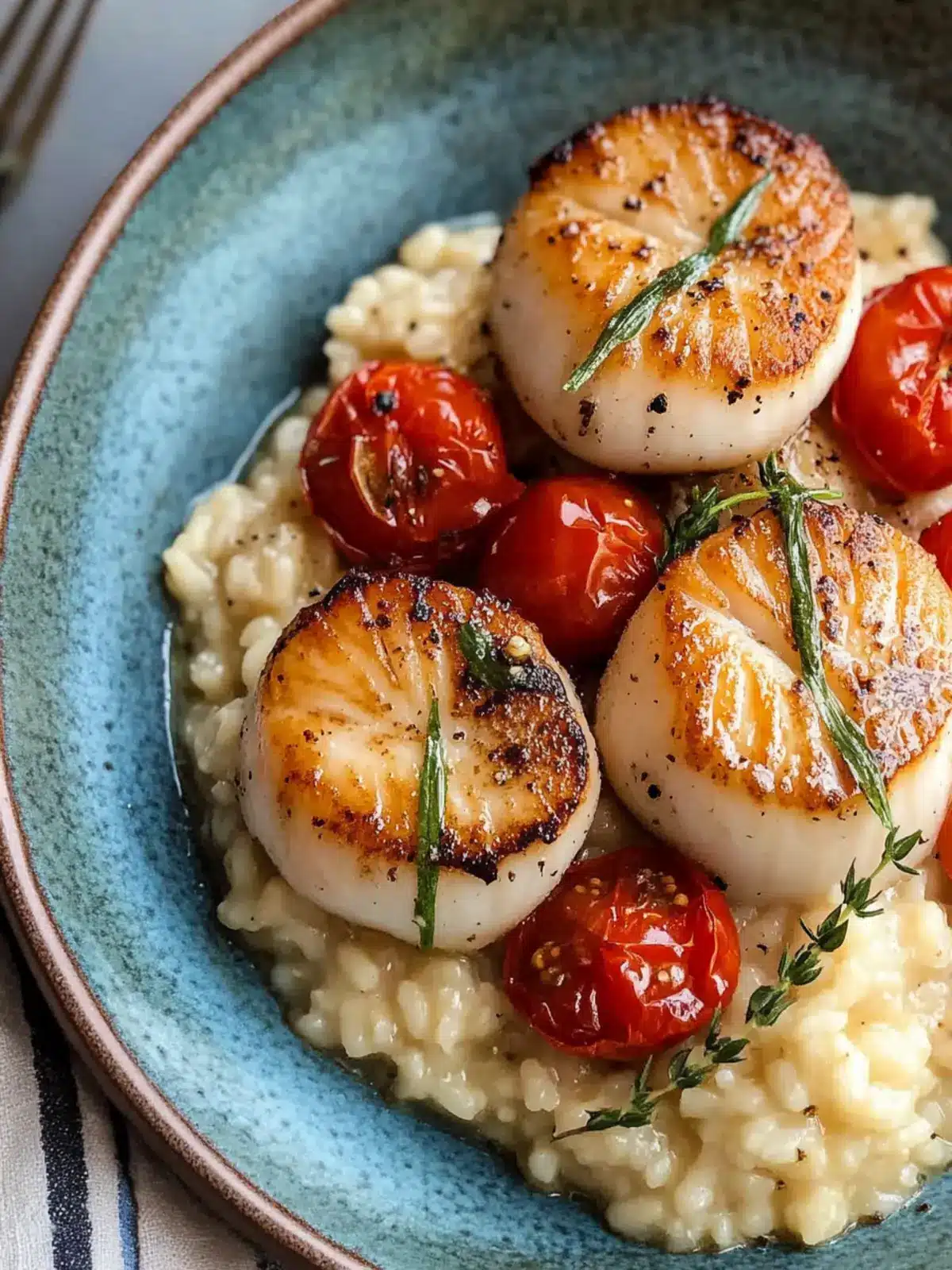 Seared Scallops with Truffle Risotto & Roasted Tomatoes Delight 3 Seared Scallops with Truffle Risotto & Roasted Tomatoes