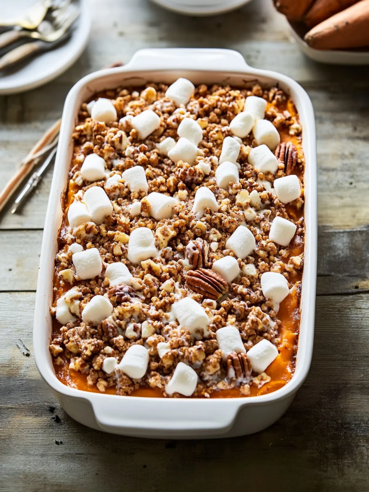 Sweet Potato Casserole with Marshmallows and Pecan Streusel Magic 4 Sweet Potato Casserole with Marshmallows and Pecan Streusel
