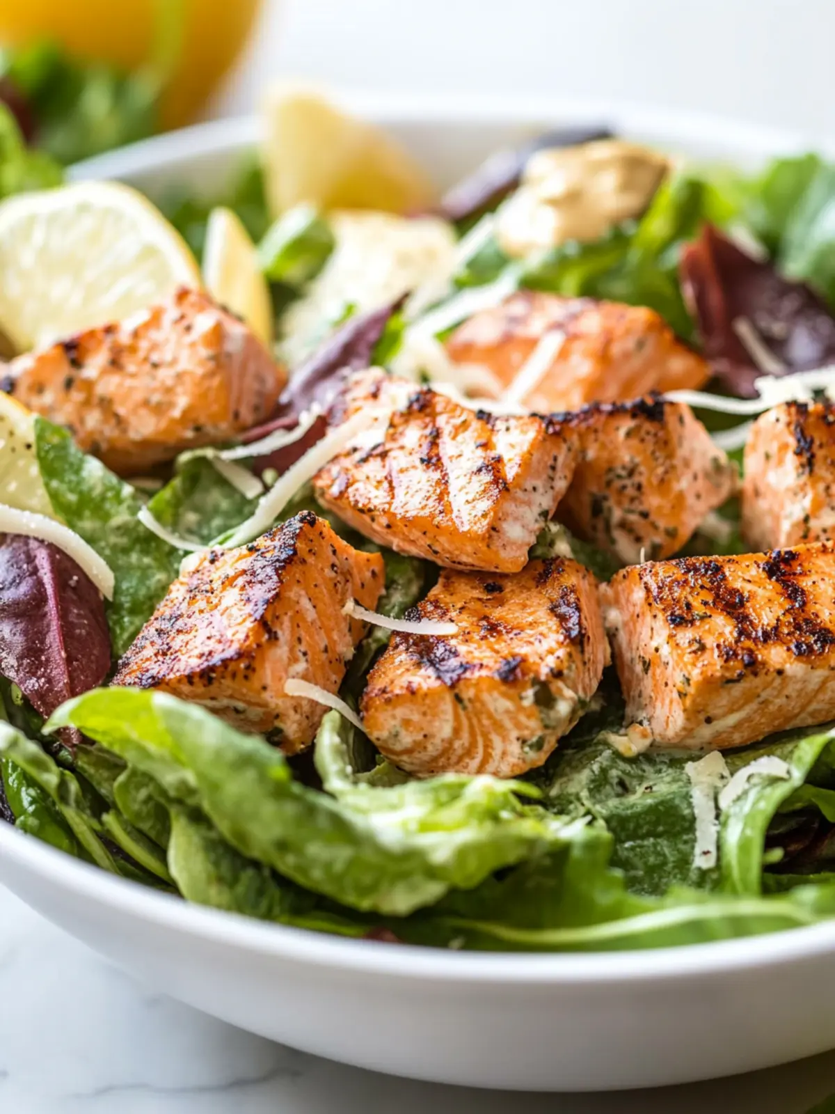 Zesty Salmon Caesar Salad with Creamy Lemon Dressing 2 Salmon Caesar Salad